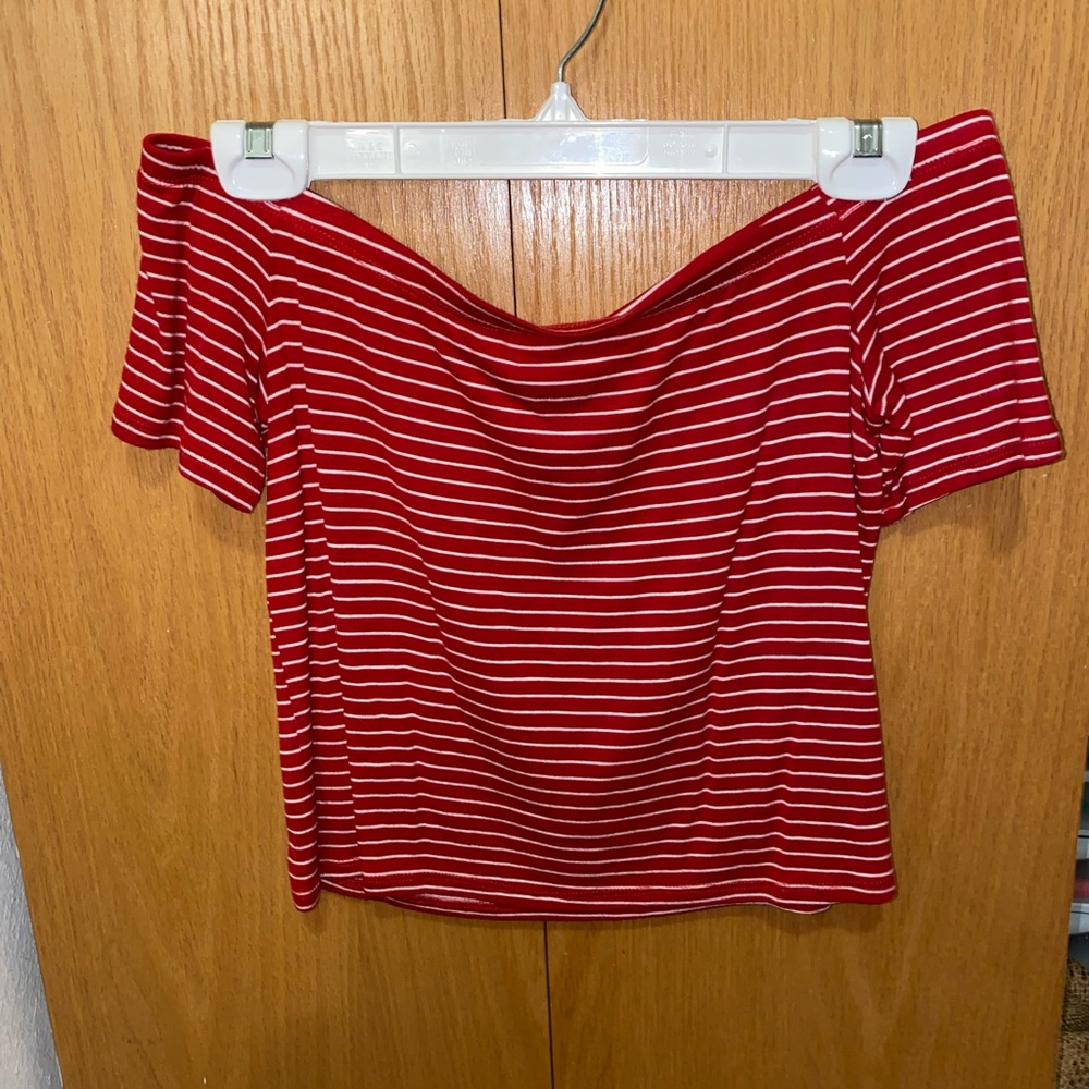 Red striped off the shoulder top